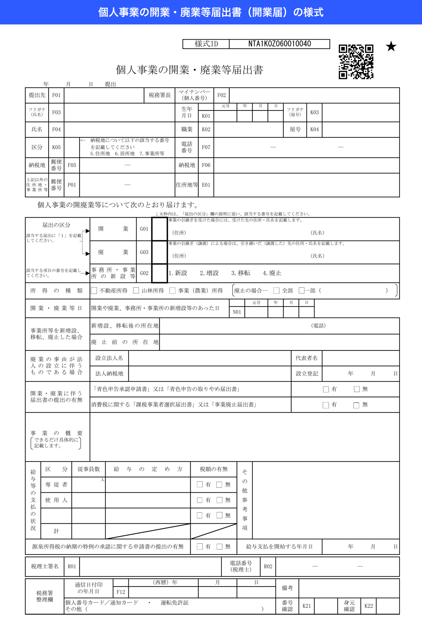 国税庁の個人事業の開業・廃業等届出書(開業届)の様式全体